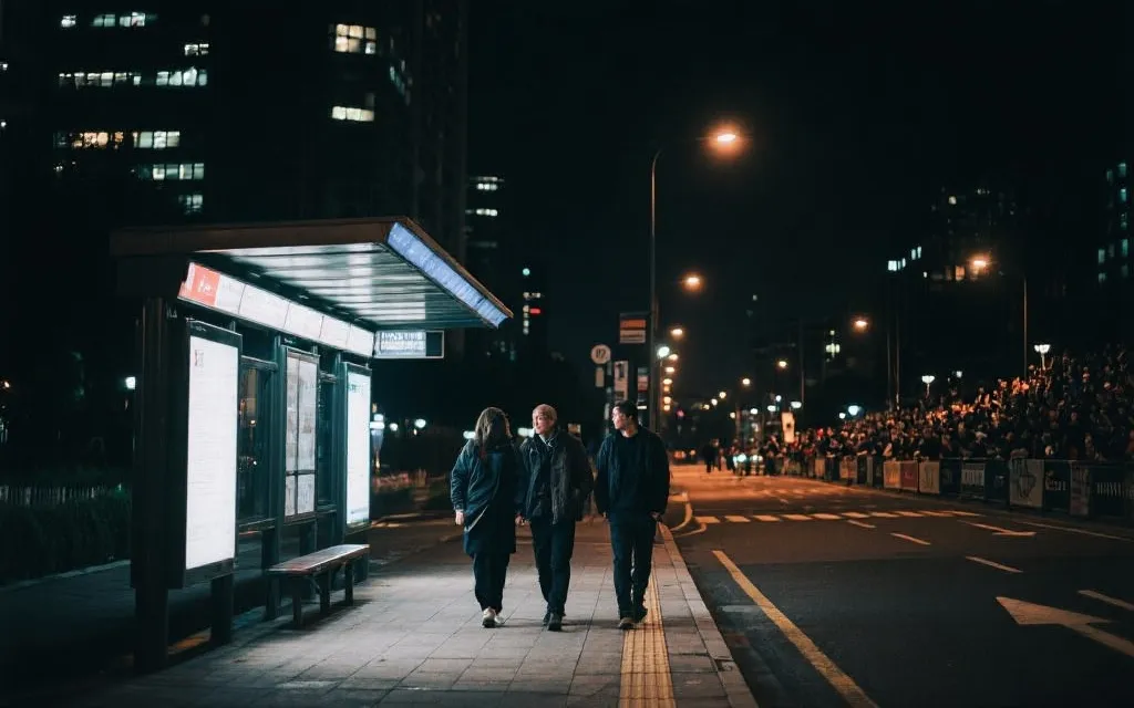 深夜散场后安全返程的城市街景与公共交通站点